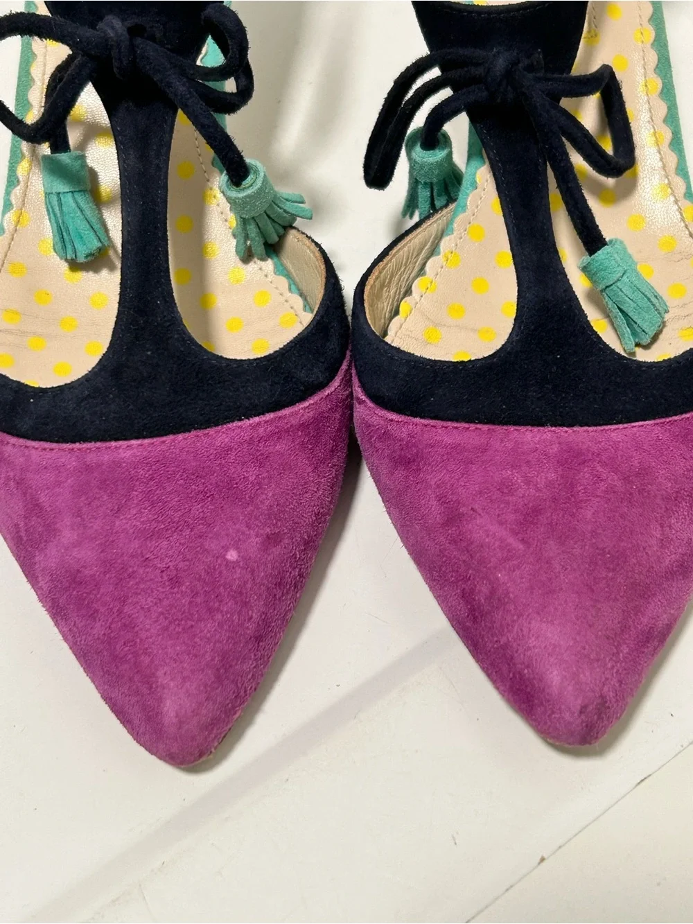 Boden Alice Suede Tassel Heels Pointed Toe Navy Purple Size 6 US 37 EU